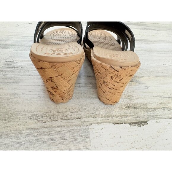 Crocs A Leigh Wedge Sandals Womens 9 Strappy Slip On Comfort Shoes Cork Heel - Picture 10 of 12
